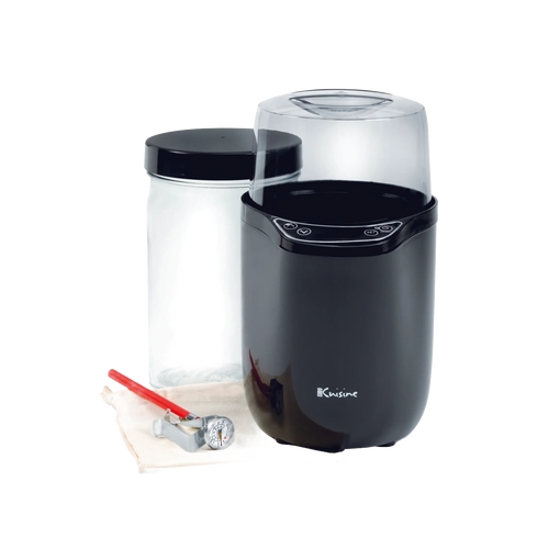 Compact black electric yogurt maker with clear lid, included glass jar with black lid, red-handled thermometer, and cloth, featured in Kitchen & Food and Specialty Equipment collections.