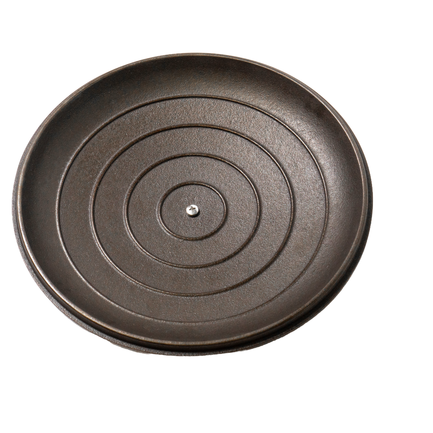 Top view of a handcrafted cast iron lid with concentric ridges and a metal knob, designed for a 5-quart Dutch oven, made in USA, ideal for Kitchen & Food, Camping, and Cast Iron collections.