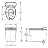 Technical drawing of a waterless elongated dry toilet fixture with detailed measurements, including seat height and bowl dimensions, designed for composting toilet systems.