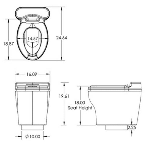 Technical drawing of a waterless elongated dry toilet fixture with detailed measurements, including seat height and bowl dimensions, designed for composting toilet systems.