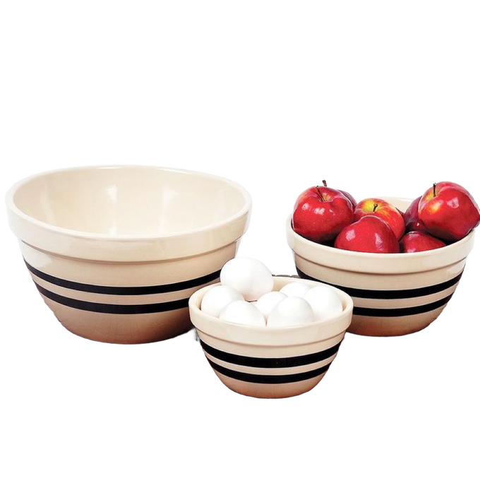 Set of three handcrafted stoneware shoulder bowls with classic black stripes, made in USA, perfect for mixing, baking, serving, and storage in Kitchen & Food, Cookware, and Baking Supplies collections.