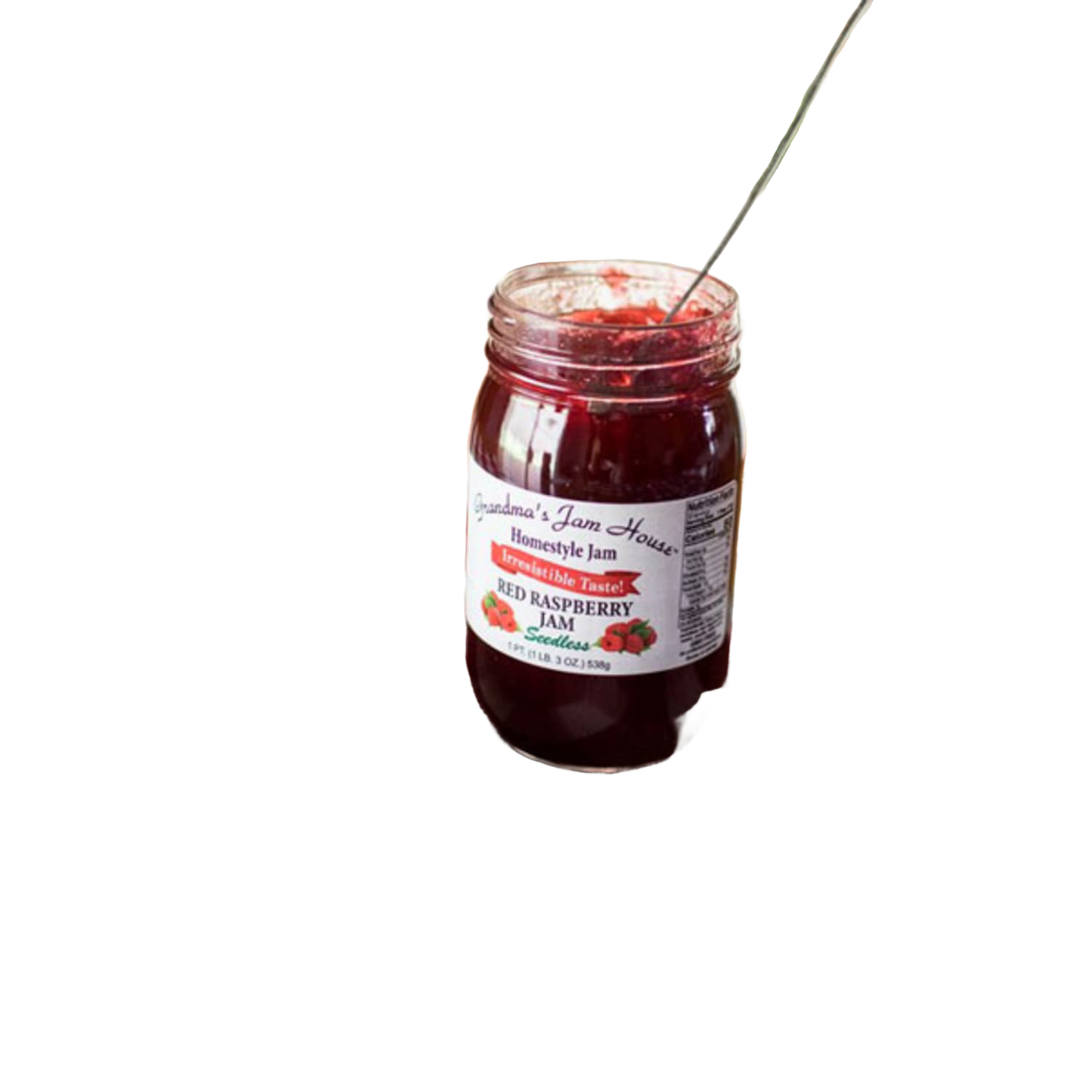 Handcrafted glass jar of seedless red raspberry jam with white label featuring raspberry illustrations, spoon inside, ideal for Kitchen & Food, Pantry, Peanut Butter & Jellies, USA Made, Best Sellers, Promo Eligible collections.