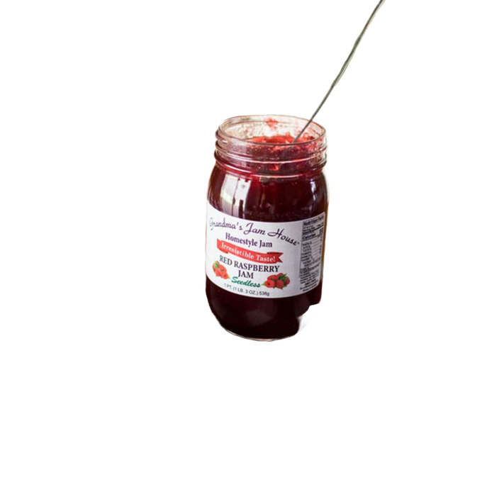 Handcrafted glass jar of seedless red raspberry jam with white label featuring raspberry illustrations, spoon inside, ideal for Kitchen & Food, Pantry, Peanut Butter & Jellies, USA Made, Best Sellers, Promo Eligible collections.
