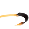 Close-up of handcrafted Amish-made slingshot featuring smooth oak handle, black leather pouch, and yellow rubber tubing, part of USA Made, Toys & Games, and Lawn Games collections.