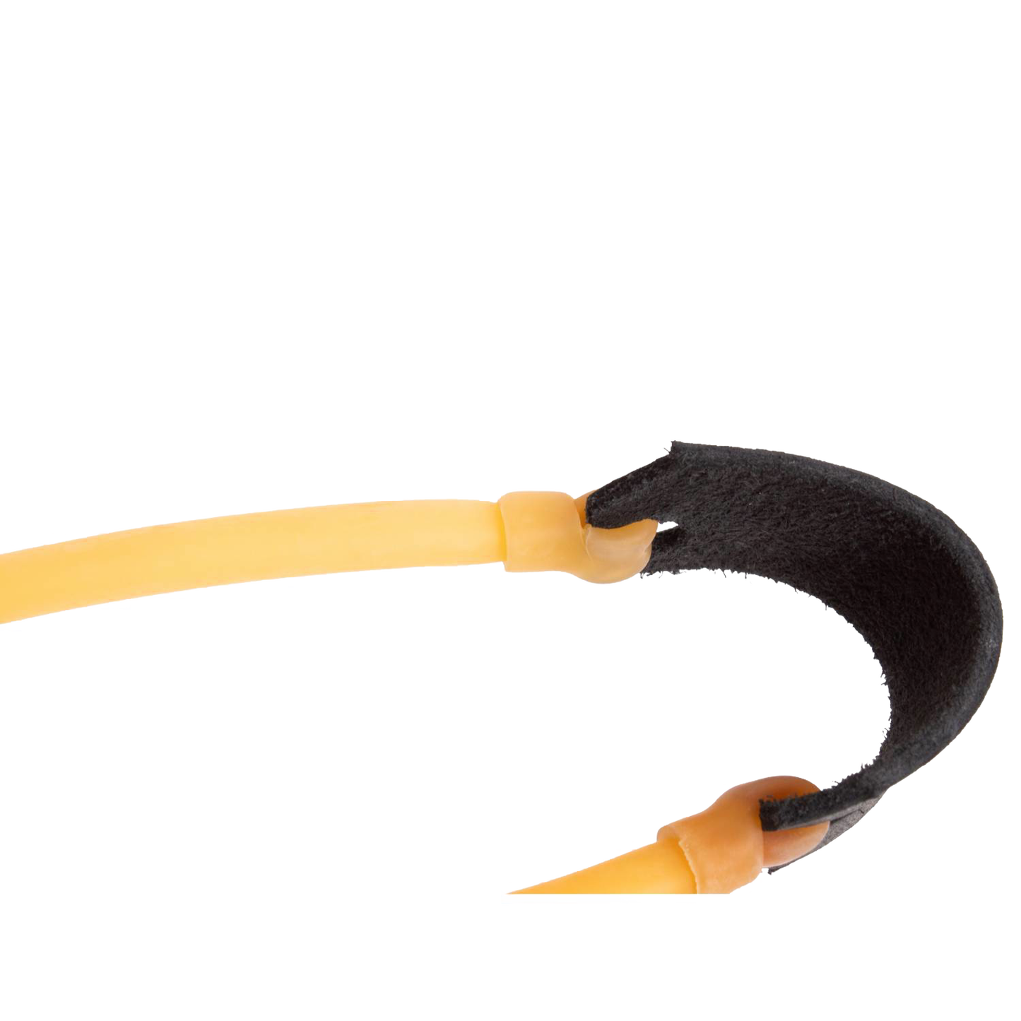 Close-up of handcrafted Amish-made slingshot featuring smooth oak handle, black leather pouch, and yellow rubber tubing, part of USA Made, Toys & Games, and Lawn Games collections.