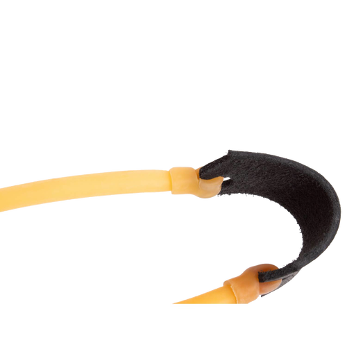 Close-up of handcrafted Amish-made slingshot featuring smooth oak handle, black leather pouch, and yellow rubber tubing, part of USA Made, Toys & Games, and Lawn Games collections.