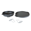 Two-piece handcrafted cast iron set featuring a deep pan and flat griddle with coil handle holders, ideal for Farm, Garden & Tool, Kitchen & Food, Camping, Cookware, Cast Iron, USA Made, Best Sellers, and Promo Eligible collections.