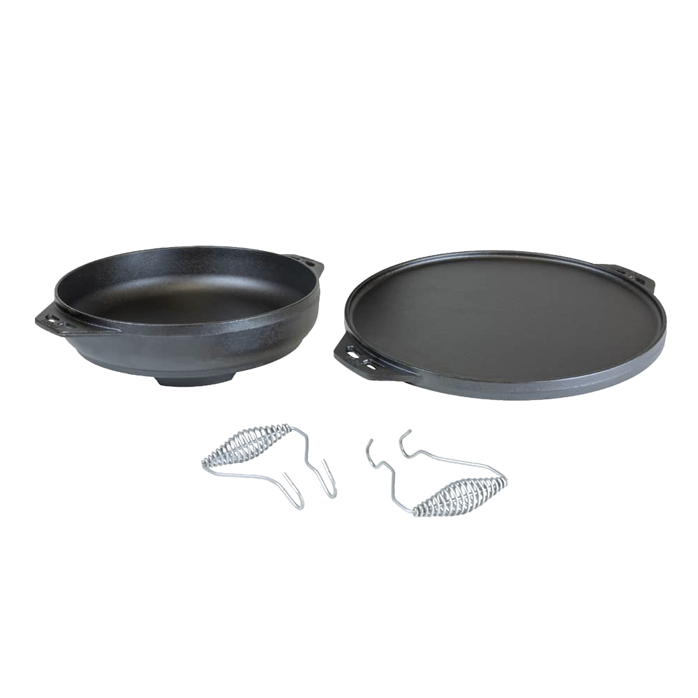 Two-piece handcrafted cast iron set featuring a deep pan and flat griddle with coil handle holders, ideal for Farm, Garden & Tool, Kitchen & Food, Camping, Cookware, Cast Iron, USA Made, Best Sellers, and Promo Eligible collections.