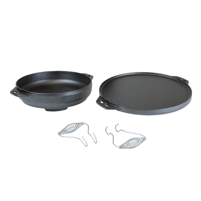 Two-piece handcrafted cast iron set featuring a deep pan and flat griddle with coil handle holders, ideal for Farm, Garden & Tool, Kitchen & Food, Camping, Cookware, Cast Iron, USA Made, Best Sellers, and Promo Eligible collections.