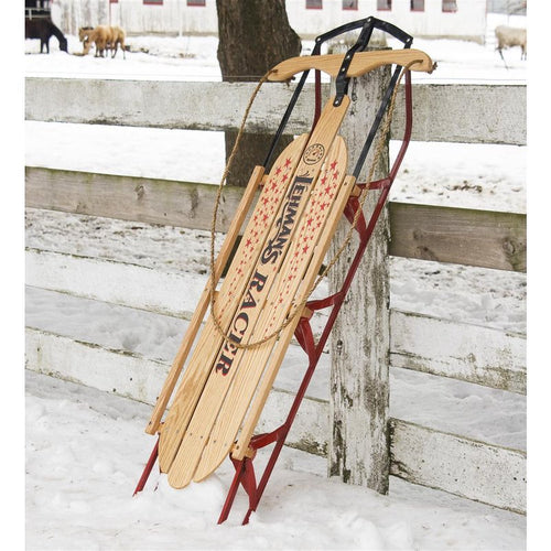 Handcrafted Amish made sled featuring smooth solid oak wood slats with "Lehman's Racer" lettering, red metal runners, and braided rope, perfect for outdoor play and USA Made collections.
