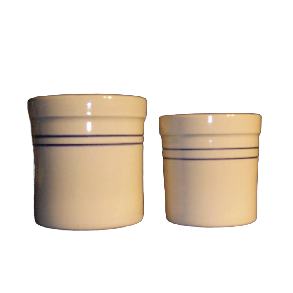 Handcrafted stoneware crocks in natural clay with heritage blue stripes, perfect for food preservation, kitchen decor, and fermenting, made in the USA for home use.