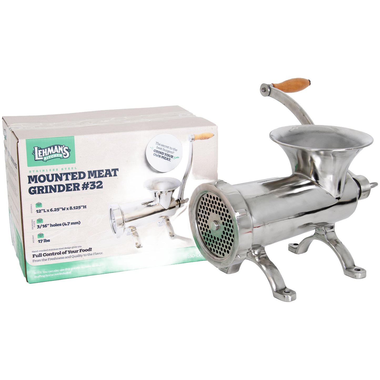 Handcrafted stainless steel kitchen-mounted meat grinder with wooden handle and pre-drilled base for secure attachment, featured in Kitchen & Food, Specialty Equipment, Butchering Supplies, Best Sellers, and Promo Eligible collections.
