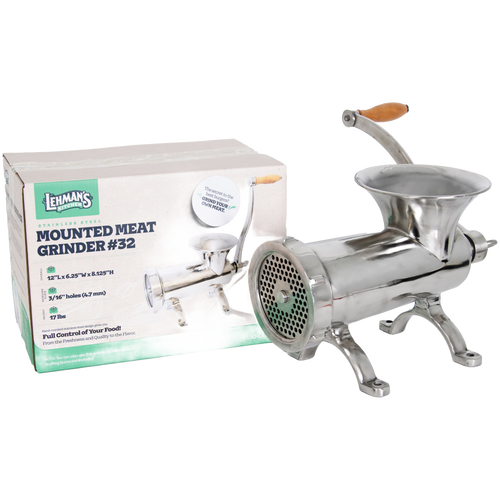Handcrafted stainless steel kitchen-mounted meat grinder with wooden handle and pre-drilled base for secure attachment, featured in Kitchen & Food, Specialty Equipment, Butchering Supplies, Best Sellers, and Promo Eligible collections.
