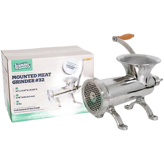 Handcrafted stainless steel kitchen-mounted meat grinder with wooden handle and pre-drilled base for secure attachment, featured in Kitchen & Food, Specialty Equipment, Butchering Supplies, Best Sellers, and Promo Eligible collections.