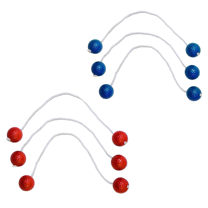 Set of six handcrafted golf ball bolas with durable white cords in blue and red, designed for outdoor lawn games in Toys, Books & Games, Lawn Games, Best Sellers, and Promo Eligible collections.