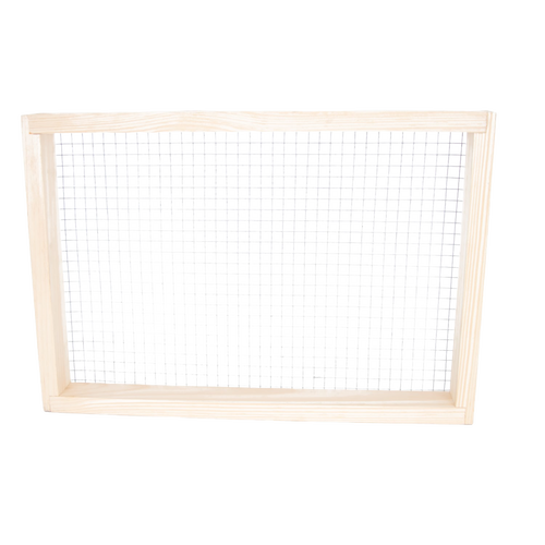 Handmade wooden 8-frame candy board feeder with wire mesh, Amish made in the USA, designed for beekeeping and hive moisture control, featured in farm and garden supplies.