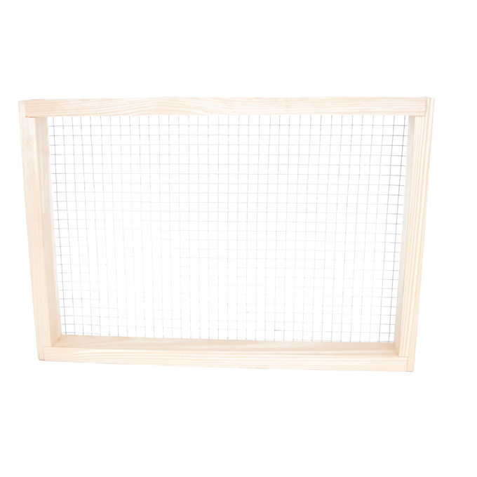 Handmade wooden 8-frame candy board feeder with wire mesh, Amish made in the USA, designed for beekeeping and hive moisture control, featured in farm and garden supplies.