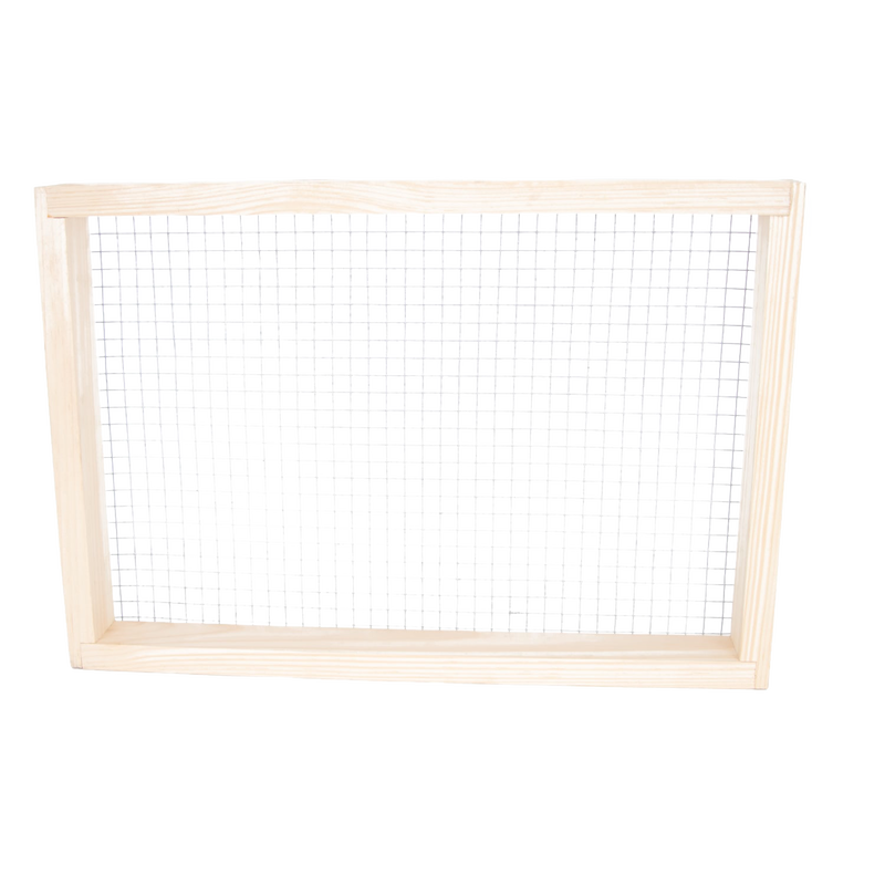 Handmade wooden 8-frame candy board feeder with wire mesh, Amish made in the USA, designed for beekeeping and hive moisture control, featured in farm and garden supplies.