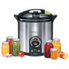 Stainless steel digital pressure canner with a clear control panel and locking lid, surrounded by jars of preserved fruits and vegetables, suitable for Kitchen & Food, Food Preservation, Canning, and Pressure Canners collections.