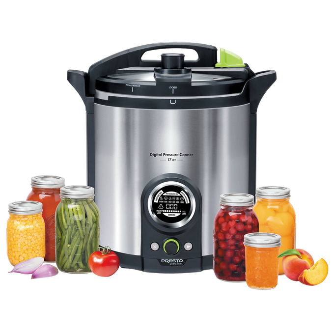 Stainless steel digital pressure canner with a clear control panel and locking lid, surrounded by jars of preserved fruits and vegetables, suitable for Kitchen & Food, Food Preservation, Canning, and Pressure Canners collections.