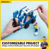 Handcrafted wooden forklift kit with blue and natural wood parts, featuring black wheels with red centers, designed for creative indoor play and arts and crafts collections.