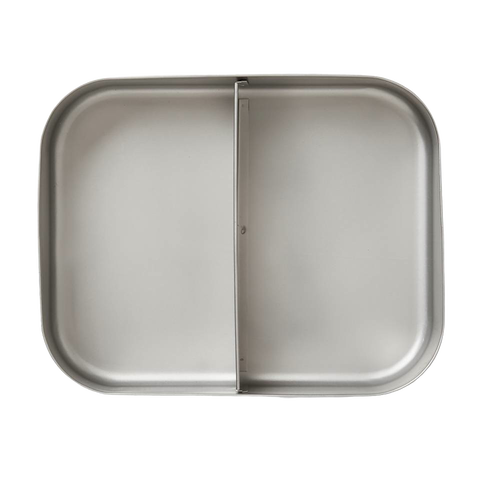 Stainless steel snack container with two compartments separated by a divider, designed for durable use in Kitchen & Food, Storage and Serving, Best Sellers, and Promo Eligible collections.
