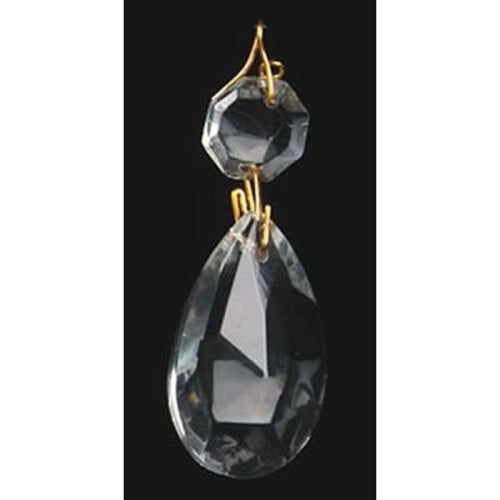 Clear octagon and teardrop glass pendalogue with brass hanging pin, handcrafted accessory ideal for Lamps & Lighting, Parts and Accessories, Shade Rings and Holders, Best Sellers, and Promo Eligible collections.