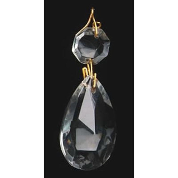 Clear octagon and teardrop glass pendalogue with brass hanging pin, handcrafted accessory ideal for Lamps & Lighting, Parts and Accessories, Shade Rings and Holders, Best Sellers, and Promo Eligible collections.
