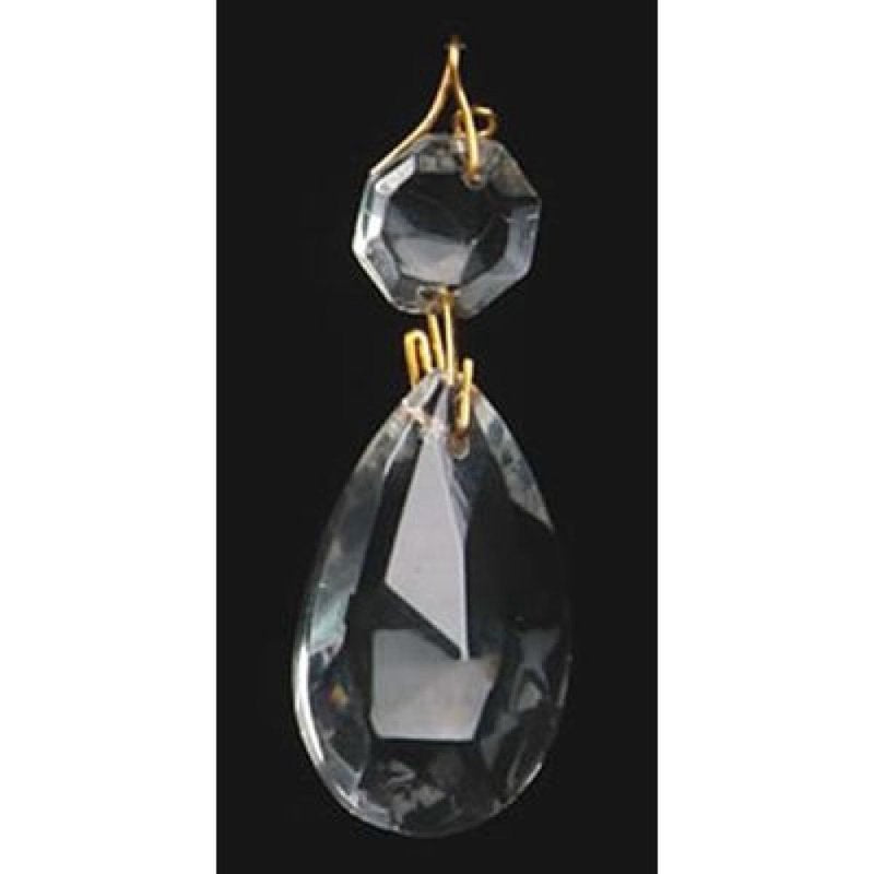 Clear octagon and teardrop glass pendalogue with brass hanging pin, handcrafted accessory ideal for Lamps & Lighting, Parts and Accessories, Shade Rings and Holders, Best Sellers, and Promo Eligible collections.