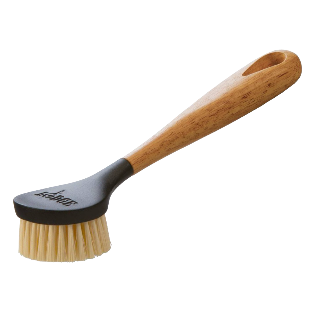 Cleaning brush with stiff nylon bristles and ergonomic rubberwood handle featuring a rounded head for scrubbing cast iron cookware, ideal for Kitchen & Food, Cookware, Cast Iron, Best Sellers, and Promo Eligible collections.