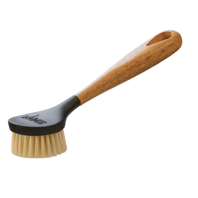 Cleaning brush with stiff nylon bristles and ergonomic rubberwood handle featuring a rounded head for scrubbing cast iron cookware, ideal for Kitchen & Food, Cookware, Cast Iron, Best Sellers, and Promo Eligible collections.