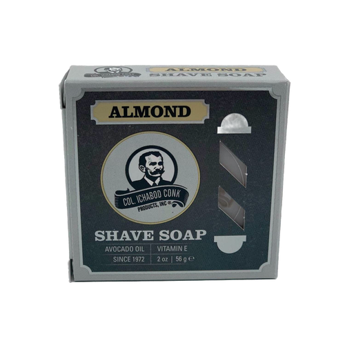 Small almond-scented shaving soap made in USA with avocado oil and vitamin E, packaged for grooming and personal hygiene in Health & Wellness and Best Sellers collections.