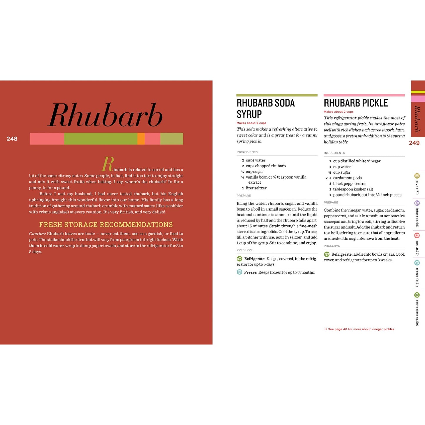 Two-page spread from a handcrafted home preserving guide featuring detailed rhubarb recipes including soda syrup and pickle instructions, shown with clear ingredient lists and tips, part of Toys, Books & Games, Books, Canning and Preserving Books, Best Sellers, and Promo Eligible collections.