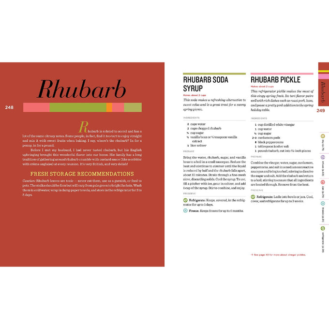 Two-page spread from a handcrafted home preserving guide featuring detailed rhubarb recipes including soda syrup and pickle instructions, shown with clear ingredient lists and tips, part of Toys, Books & Games, Books, Canning and Preserving Books, Best Sellers, and Promo Eligible collections.