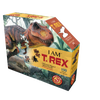 Boxed dinosaur-shaped puzzle featuring vibrant T-Rex illustration with 100 pieces, designed for children's toys, games, and puzzles collections with unique puzzle borders and educational fun facts.