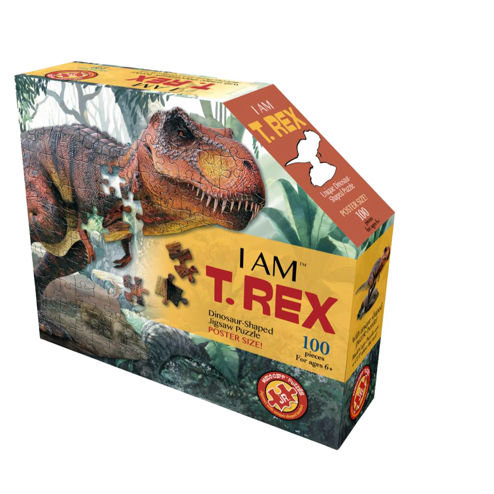 Boxed dinosaur-shaped puzzle featuring vibrant T-Rex illustration with 100 pieces, designed for children's toys, games, and puzzles collections with unique puzzle borders and educational fun facts.