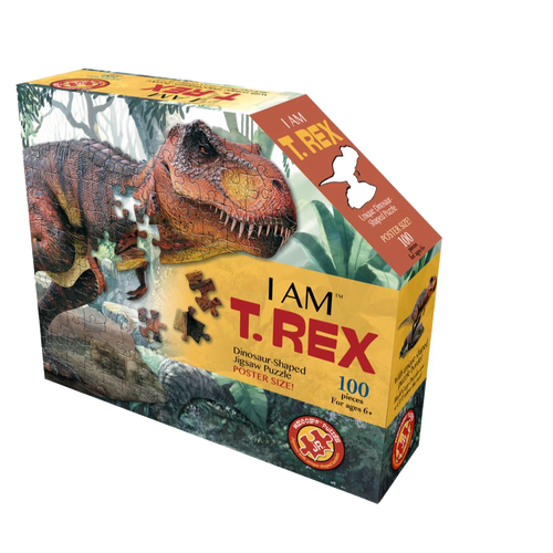 Boxed dinosaur-shaped puzzle featuring vibrant T-Rex illustration with 100 pieces, designed for children's toys, games, and puzzles collections with unique puzzle borders and educational fun facts.
