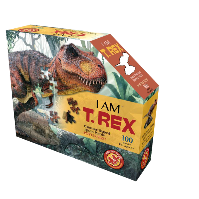 Boxed dinosaur-shaped puzzle featuring vibrant T-Rex illustration with 100 pieces, designed for children's toys, games, and puzzles collections with unique puzzle borders and educational fun facts.