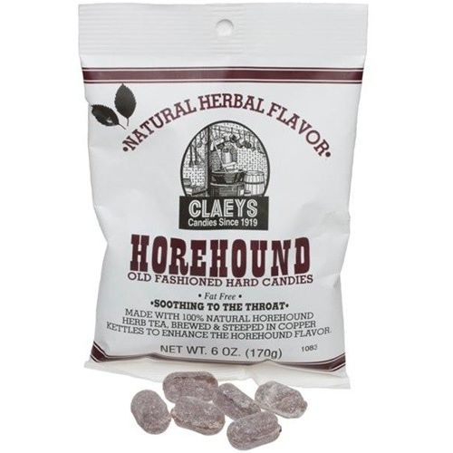 White bag of handcrafted horehound flavored old-fashioned hard candies, fat free and made in USA, perfect for Kitchen & Food, Snacks and Sweets, USA Made, and Best Sellers collections.