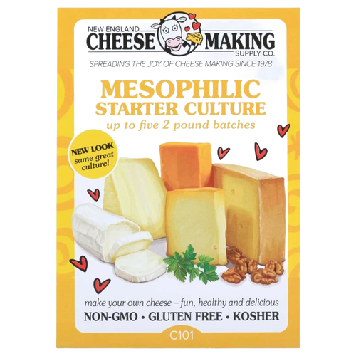Bright yellow package of mesophilic starter culture for cheese making featuring illustrated cheese blocks, walnuts, and parsley, ideal for Kitchen & Food, Specialty Equipment, DIY Cheese and Yogurt, Best Sellers, and Promo Eligible collections.