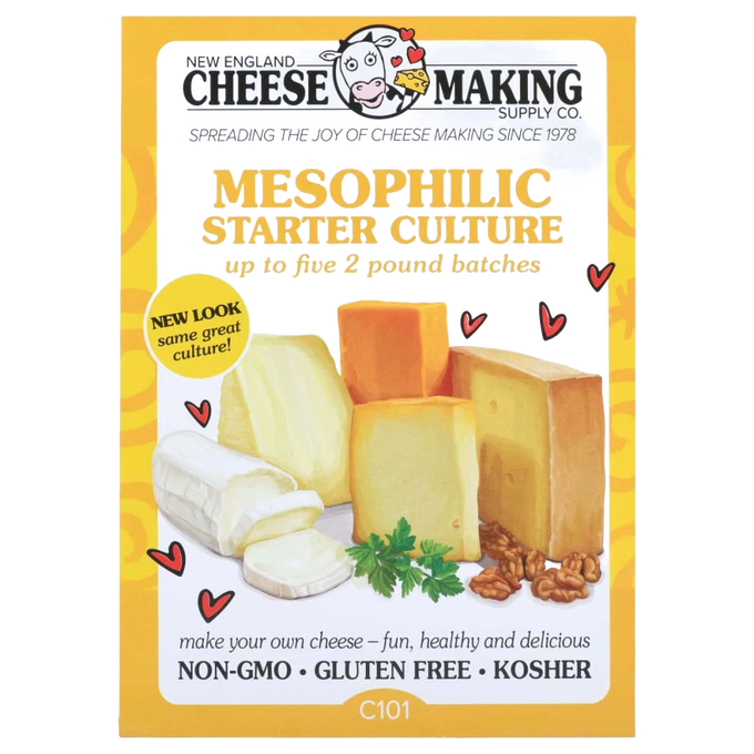 Bright yellow package of mesophilic starter culture for cheese making featuring illustrated cheese blocks, walnuts, and parsley, ideal for Kitchen & Food, Specialty Equipment, DIY Cheese and Yogurt, Best Sellers, and Promo Eligible collections.