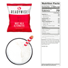 ReadyWise whey milk alternative pouch in red packaging alongside a glass of prepared creamy beverage with a red and white striped straw and detailed nutrition facts, featured in Pantry, Freeze Dried, Emergency Supplies, and USA Made collections.