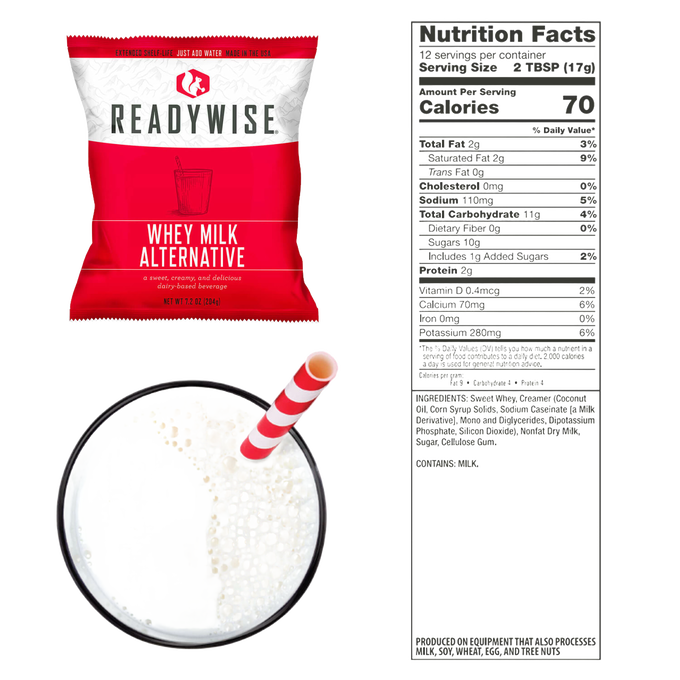 ReadyWise whey milk alternative pouch in red packaging alongside a glass of prepared creamy beverage with a red and white striped straw and detailed nutrition facts, featured in Pantry, Freeze Dried, Emergency Supplies, and USA Made collections.