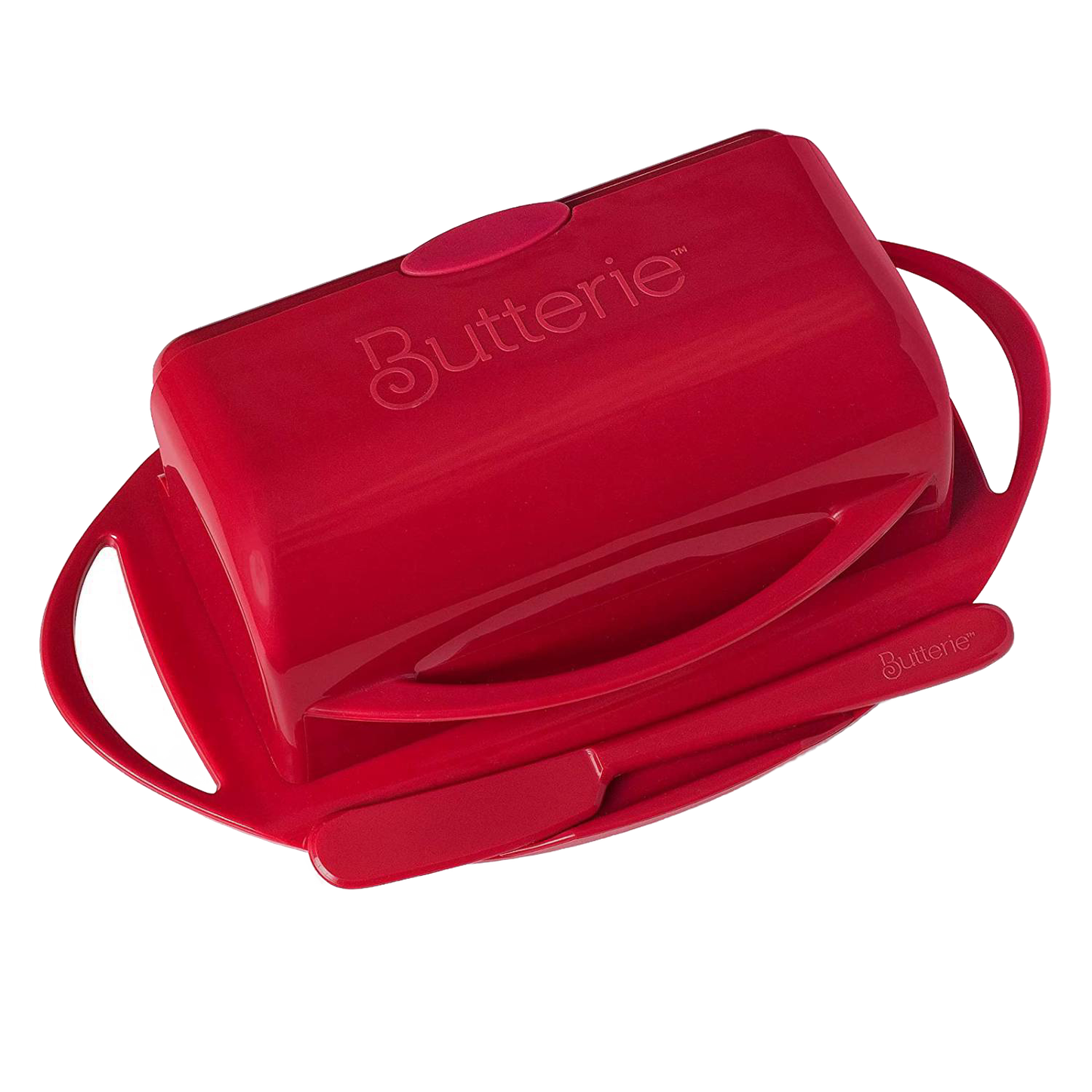 Red flip-top butter dish with matching spreader resting in a cradle, designed for mess-free butter storage and spreading, ideal for Kitchen & Food, Kitchen Gadgets, and Storage and Serving collections.