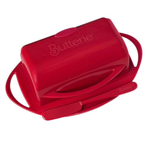 Red flip-top butter dish with matching spreader resting in a cradle, designed for mess-free butter storage and spreading, ideal for Kitchen & Food, Kitchen Gadgets, and Storage and Serving collections.