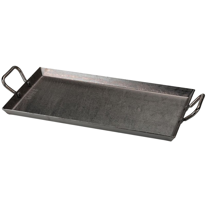 Rectangular seasoned steel outdoor griddle with solid 12 gauge construction and riveted steel handles, ideal for camping, grilling, and outdoor cooking in Farm, Garden & Tool, Stoves, Best Sellers, and Promo Eligible collections.