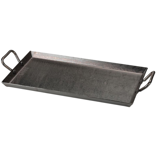 Rectangular seasoned steel outdoor griddle with solid 12 gauge construction and riveted steel handles, ideal for camping, grilling, and outdoor cooking in Farm, Garden & Tool, Stoves, Best Sellers, and Promo Eligible collections.