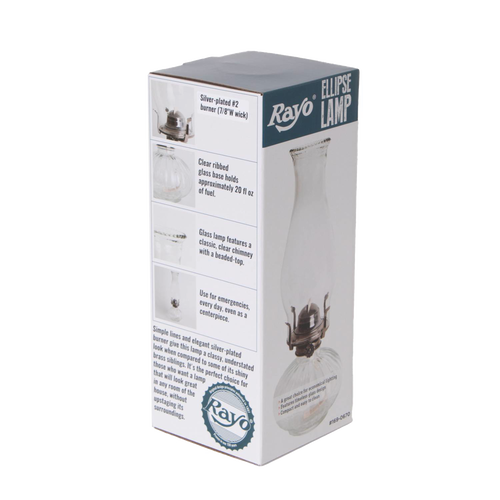 Packaging for a Rayo Ellipse Oil Lamp showcasing a clear glass lamp with ribbed design, beaded chimney top, and silver-plated burner, featured in Farm, Garden & Tool and Emergency Supplies collections.