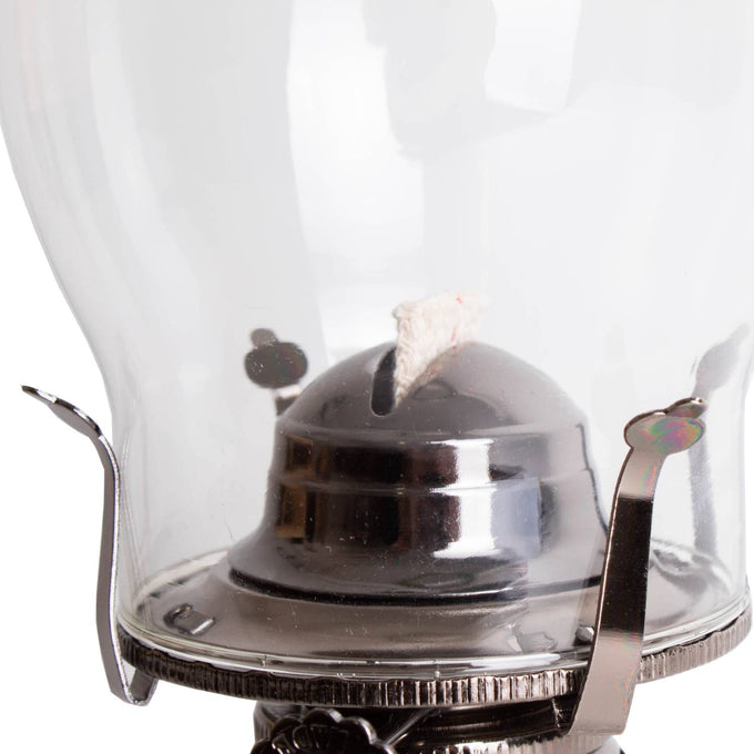 Clear glass oil lamp with a polished metal burner and wick, designed for everyday or emergency use, featured in Farm, Garden & Tool and Oil Lamps collections.