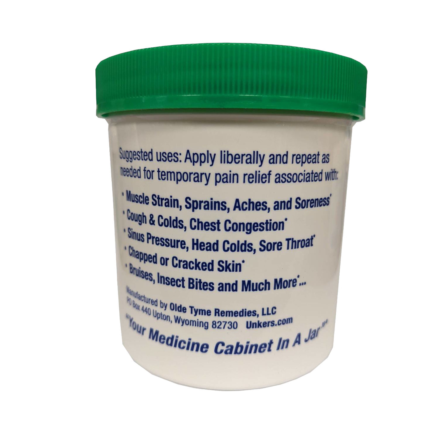 White container with green lid displaying usage instructions for temporary relief from muscle strain, soreness, colds, sinus pressure, skin issues, and insect bites, featured in Health & Wellness, Health Remedies, USA Made, Best Sellers, and Promo Eligible collections.